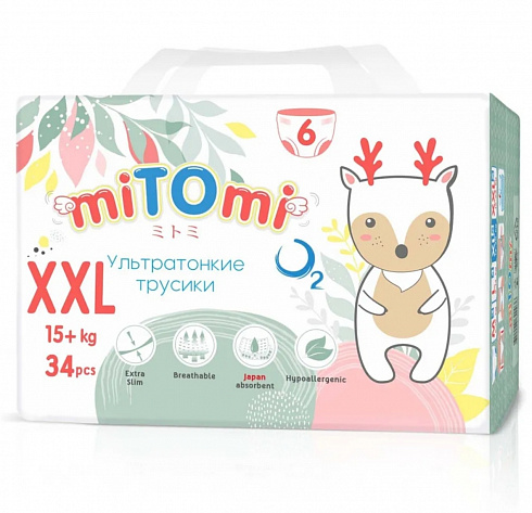 Трусики miTOmi O2 ультратонкие, размер XXL (15+ кг) 34 шт. Трусики miTOmi O2 ультратонкие, размер XXL (15+ кг) 34 шт.